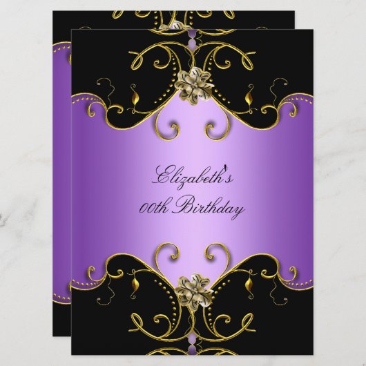 パープルエレガント薄紫ブラック金ゴールドフローラ誕生日 招待状 (正面/裏面)