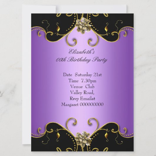 パープルエレガント薄紫ブラック金ゴールドフローラ誕生日 招待状 (裏面)