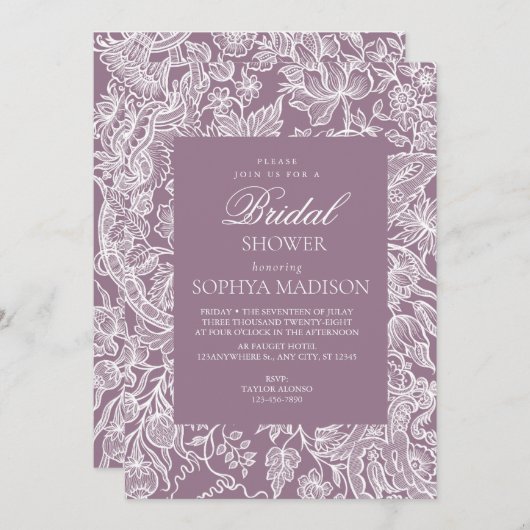 パープルエレガント薄紫ラインアートワイルドフラワー 招待状 (正面/裏面)
