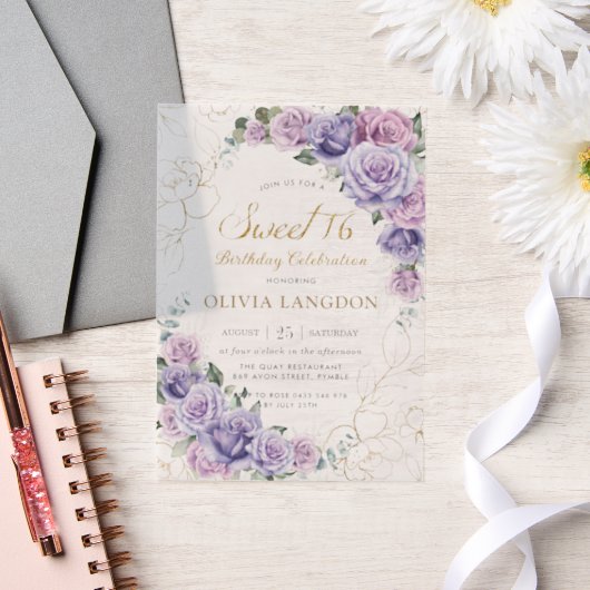 パープルエレガント薄紫ラベンダーバラスイーツ16 16th ベラム紙招待状 (ウェディング)