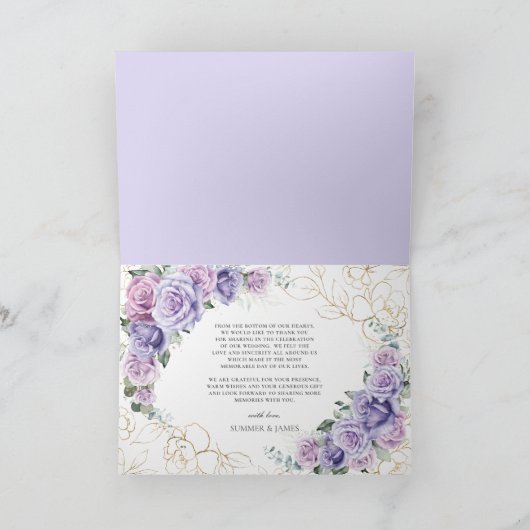 パープルエレガント薄紫ラベンダーバラズ結婚の折り畳み サンキューカード (内部)
