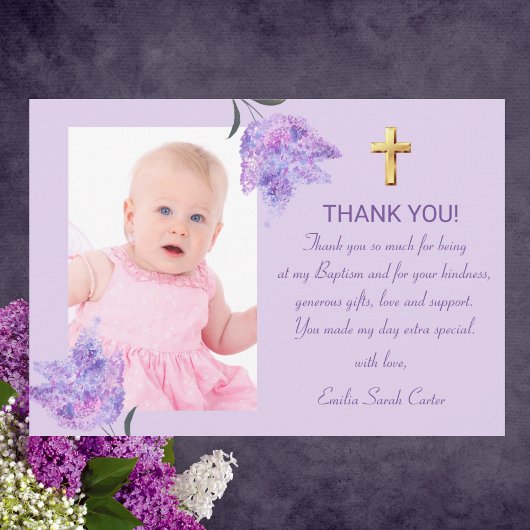 パープルエレガント薄紫金ゴールドクロスガールバプテスマ サンキューカード