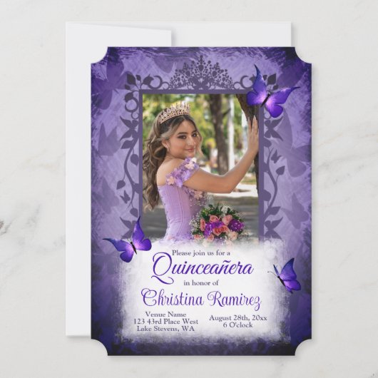 パープルエレガント蝶キンセアニェラプリンセス 招待状 (正面)