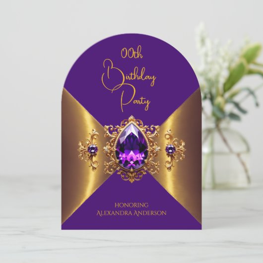 パープルエレガント誕生日金ゴールドゴールデンジュエル 招待状 (スタンド正面)