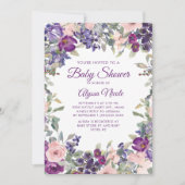 パープルエレガント赤面ピンクフローラ赤ちゃんシャワー 招待状 (正面)