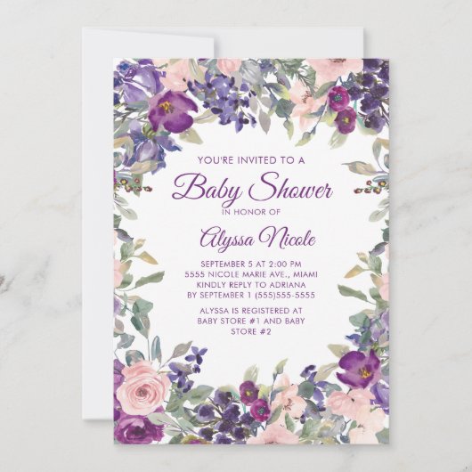 パープルエレガント赤面ピンクフローラ赤ちゃんシャワー 招待状 (正面)