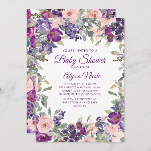 パープルエレガント赤面ピンクフローラ赤ちゃんシャワー 招待状 (正面/裏面)