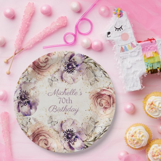 パープルエレガント赤面ピンク70th誕生日パーティー ペーパープレート (パーティー)
