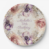 パープルエレガント赤面ピンク70th誕生日パーティー ペーパープレート (正面)