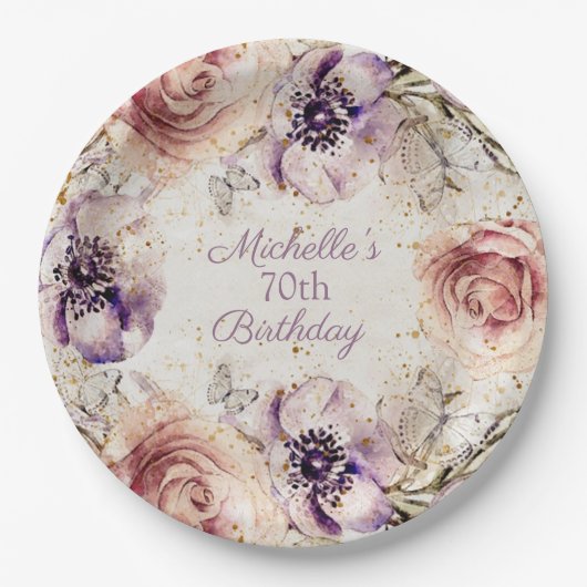 パープルエレガント赤面ピンク70th誕生日パーティー ペーパープレート (正面)