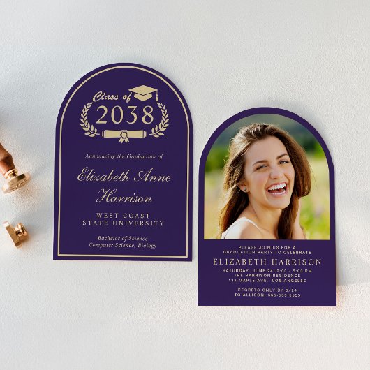 パープルエレガント金ゴールドアーチ写真卒業パーティー 招待状