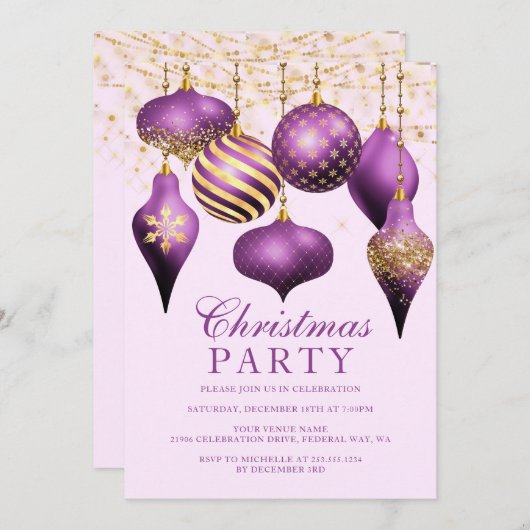 パープルエレガント金ゴールドオーナメントクリスマスパーティー 招待状 (正面/裏面)