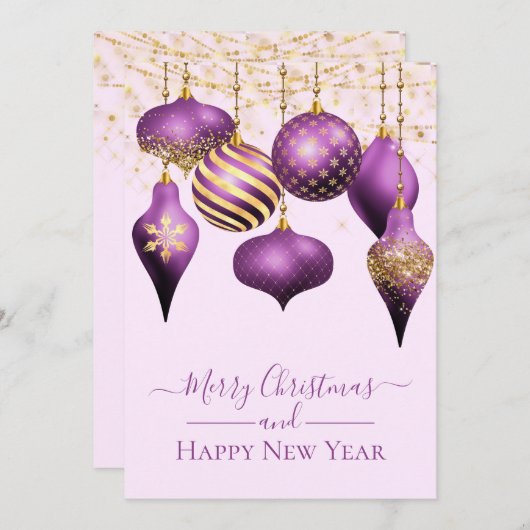 パープルエレガント金ゴールドオーナメントメリークリスマスカード 招待状 (正面/裏面)