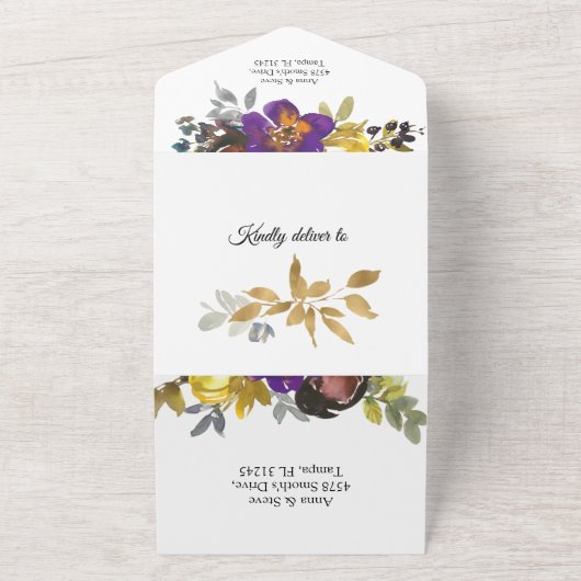 パープルエレガント金ゴールドオールインワン結婚式招待状 オールインワン招待状 (外側)