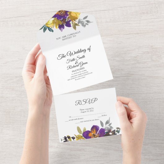 パープルエレガント金ゴールドオールインワン結婚式招待状 オールインワン招待状 (貼ってはがせる)