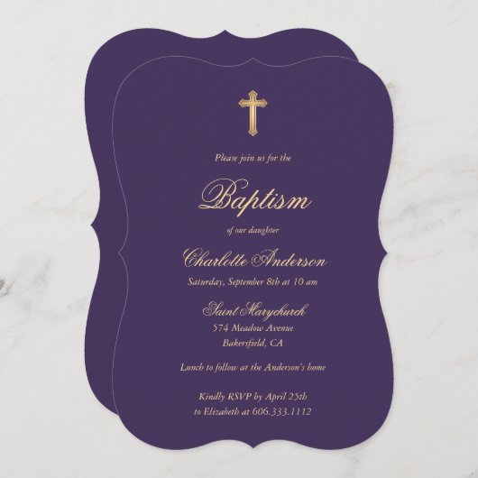 パープルエレガント金ゴールドクロススクリプトガールバプテスマ 招待状 (正面/裏面)