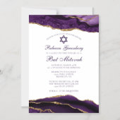 パープルエレガント金ゴールドグラムバルミツワーパーティー マグネット招待状 (正面)