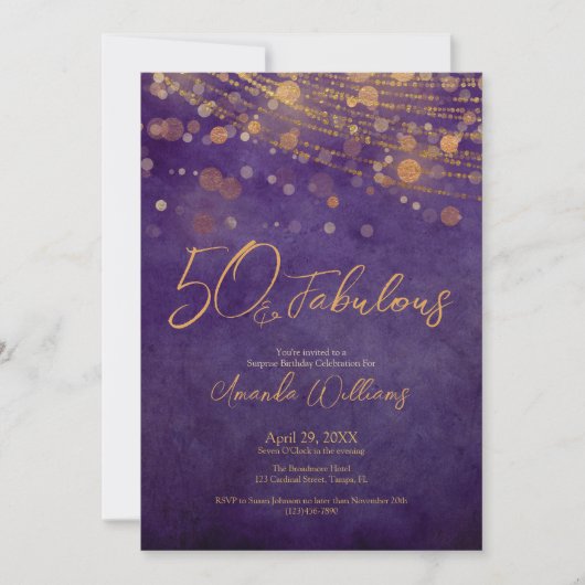 パープルエレガント金ゴールドグラム50と素晴らしい誕生日 招待状 (正面)