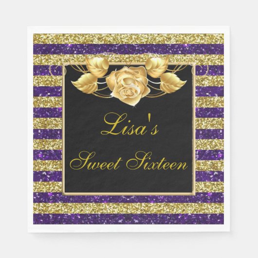 パープルエレガント金ゴールドグリッター金ゴールドバラスウィート16 スタンダードランチョンナプキン (正面)