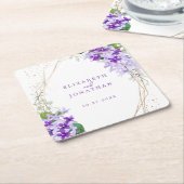 パープルエレガント金ゴールドグリーンフローラ結婚リース スクエアペーパーコースター (アングル)