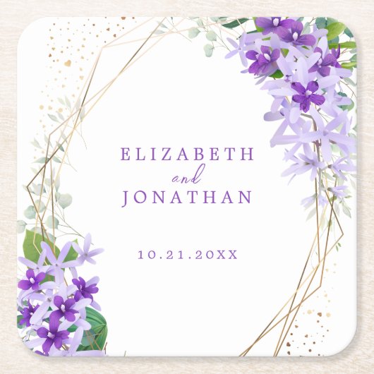 パープルエレガント金ゴールドグリーンフローラ結婚リース スクエアペーパーコースター (正面)