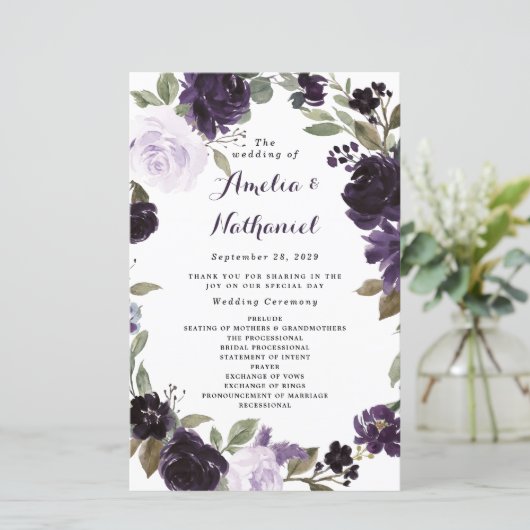 パープルエレガント金ゴールドグリーンフローラ結婚式 プログラム (スタンド正面)