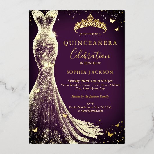 パープルエレガント金ゴールドスパークルバタフライキンセアニェラ 箔招待状 (正面)