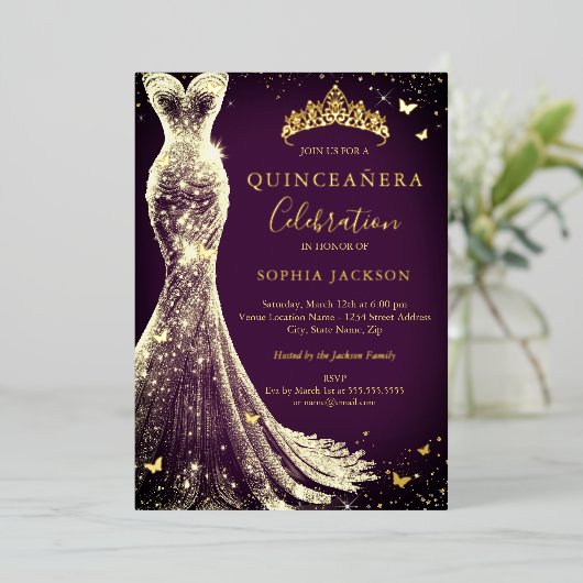 パープルエレガント金ゴールドスパークルバタフライキンセアニェラ 箔招待状 (立ち正面)