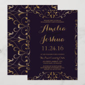 パープルエレガント金ゴールドスワール婚約パーティ招待状 招待状 (正面/裏面)