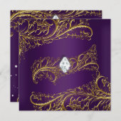 パープルエレガント金ゴールドダイヤモンドジュエルバースデーパーティー 招待状 (正面/裏面)