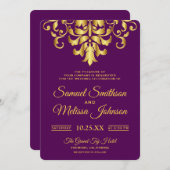 パープルエレガント金ゴールドダマスクウェディング招待状 招待状 (正面/裏面)