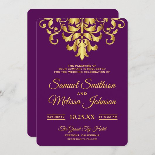 パープルエレガント金ゴールドダマスクウェディング招待状 招待状 (正面/裏面)
