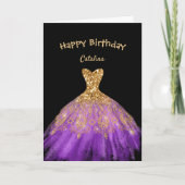 パープルエレガント金ゴールドドレスブラック誕生日 カード (正面)