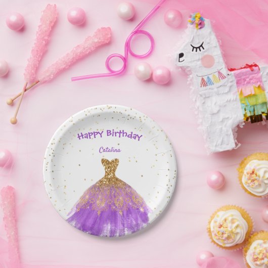 パープルエレガント金ゴールドドレス誕生日 ペーパープレート (パーティー)