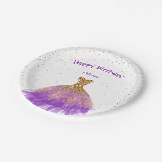 パープルエレガント金ゴールドドレス誕生日 ペーパープレート (アングル)