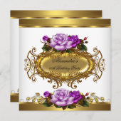 パープルエレガント金ゴールドバラエリートバースデーパーティー 招待状 (正面/裏面)