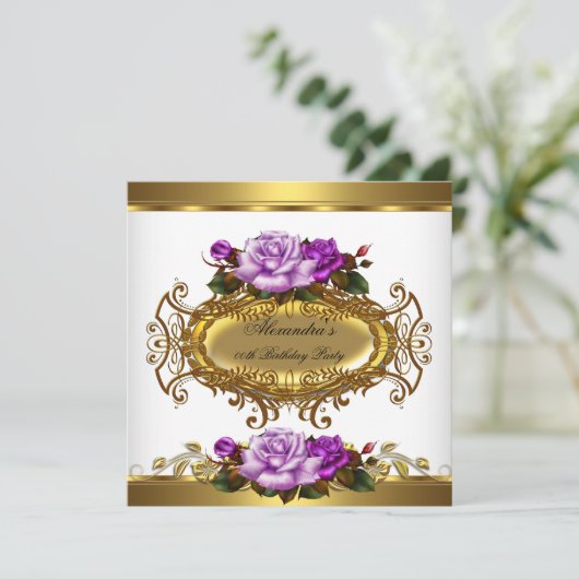 パープルエレガント金ゴールドバラエリートバースデーパーティー 招待状 (スタンド正面)