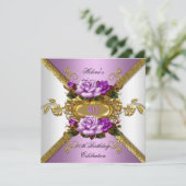パープルエレガント金ゴールドバラ誕生日パーティー 招待状 (スタンド正面)