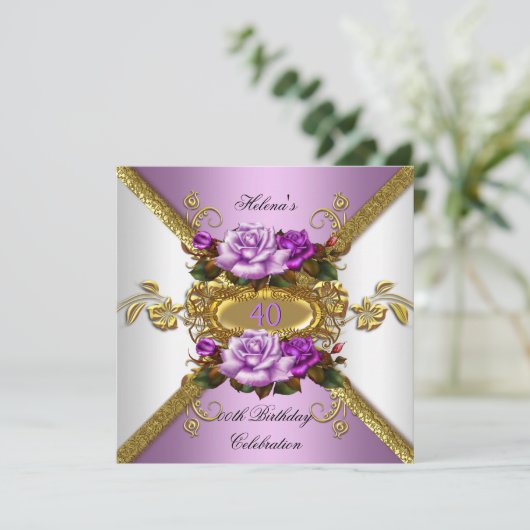 パープルエレガント金ゴールドバラ誕生日パーティー 招待状 (スタンド正面)