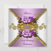 パープルエレガント金ゴールドバラ誕生日パーティー 招待状 (正面)
