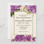 パープルエレガント金ゴールドフローラアイボリー結婚式の招待 招待状 (正面)