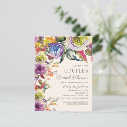 パープルエレガント金ゴールドフローラカップルのブライダルシャワー 招待状 (スタンド正面)
