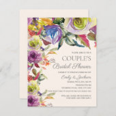 パープルエレガント金ゴールドフローラカップルのブライダルシャワー 招待状 (正面/裏面)