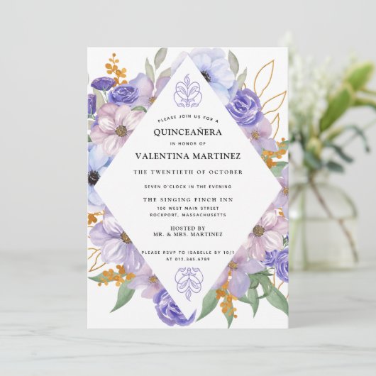 パープルエレガント金ゴールドフローラキンセアニェラ 招待状 (スタンド正面)