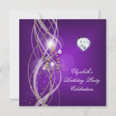 パープルエレガント金ゴールドフローラダイヤモンドバースデーパーティー 招待状 (正面)
