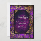 パープルエレガント金ゴールドフローラダマスクありがとう カード (正面)