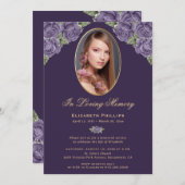 パープルエレガント金ゴールドフローラ写真追悼会 招待状 (正面/裏面)