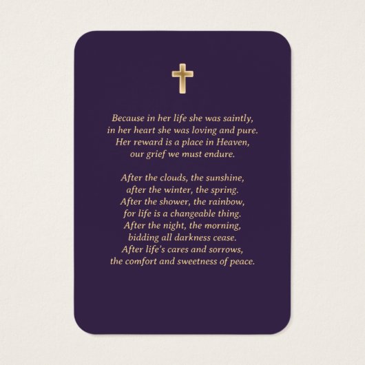 パープルエレガント金ゴールドフローラ葬儀祈りの言葉カード (裏面)