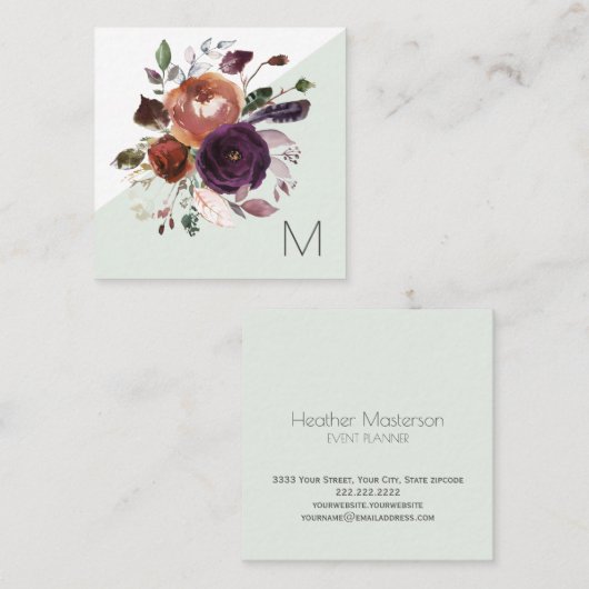 パープルエレガント金ゴールドブルゴーニュフローラモノグラム スクエア名刺 (正面/裏面)