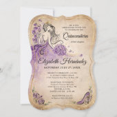 パープルエレガント金ゴールドプリンセスキンセアニェラ誕生日 招待状 (正面)
